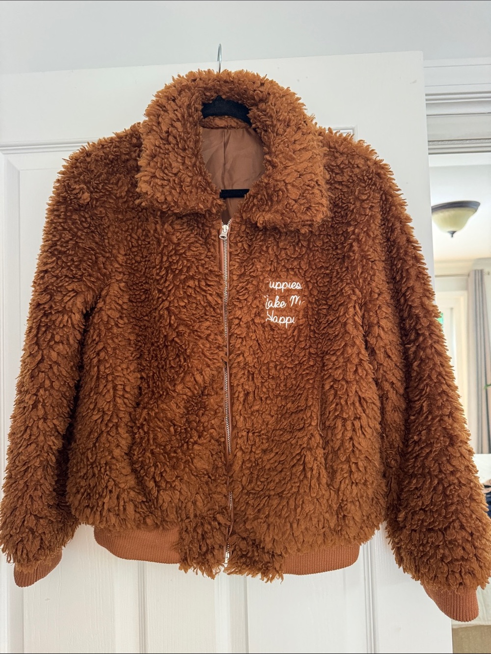 Puppies Make Me Happy Brown Faux Shearling Bomber Jacket - Women